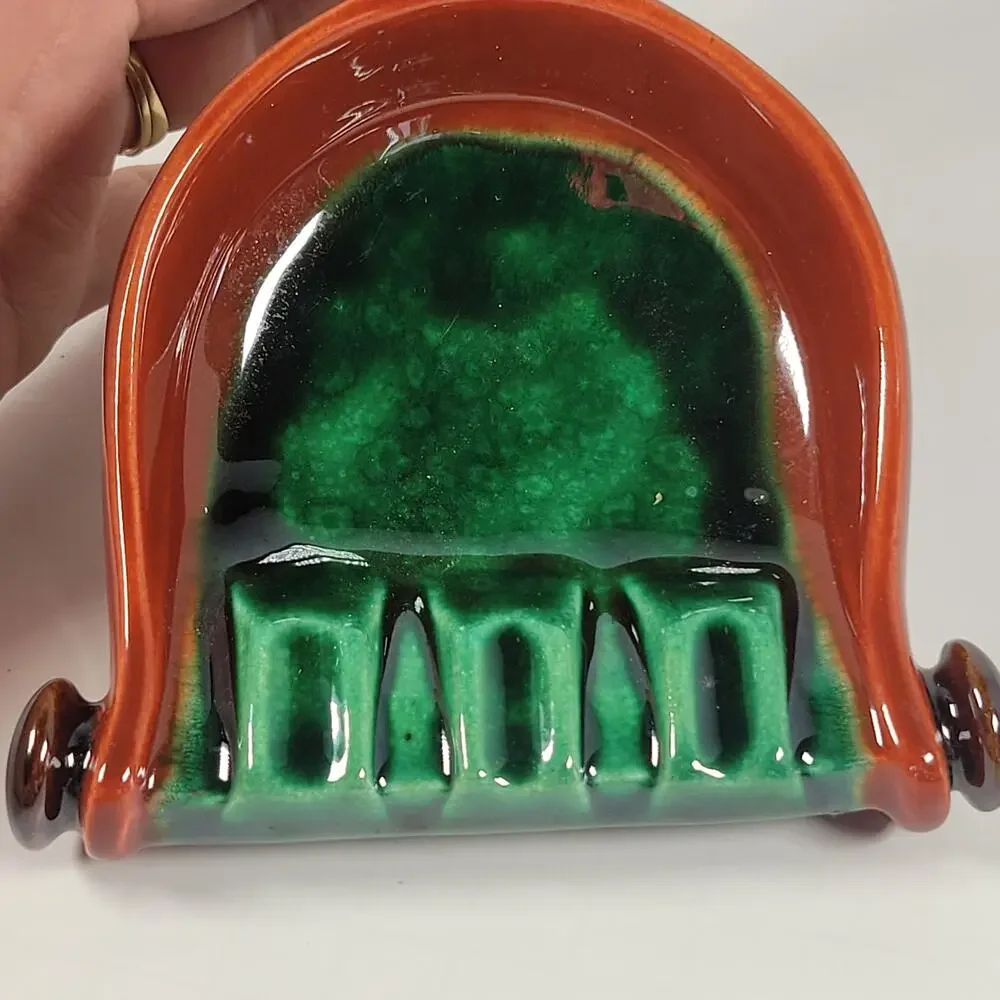 Vintage Green and Brown Spur Ashtray with Handle, Mid-Century Modern Farmhouse